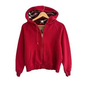 VTG Burberry London Red Zip Hoodie Nova Check Hood Cotton Sweatshirt Women’s M/L
